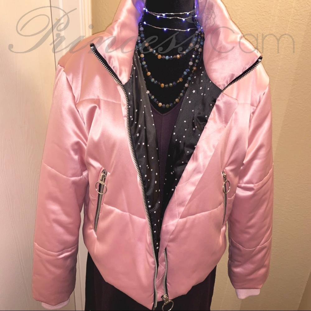 πBagatelle Blush Metallic Satin Zip Bomber Jacket - Picture 4 of 7